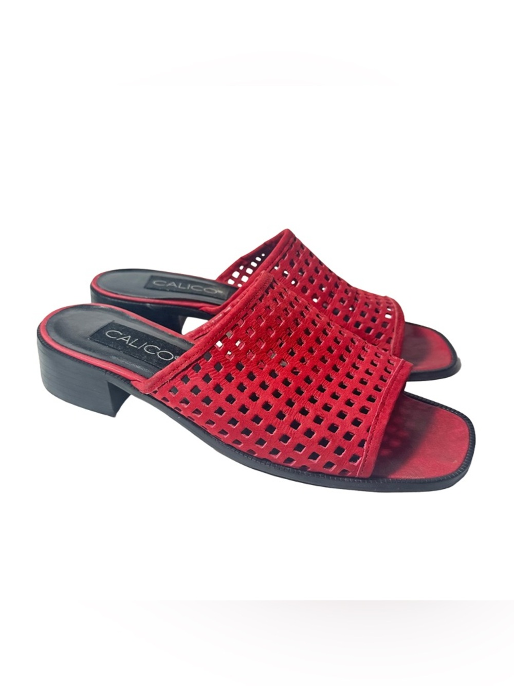 Vintage 90s Calico Slides Sandal Red Nubuck Leather Square Perforated Beware 8.5